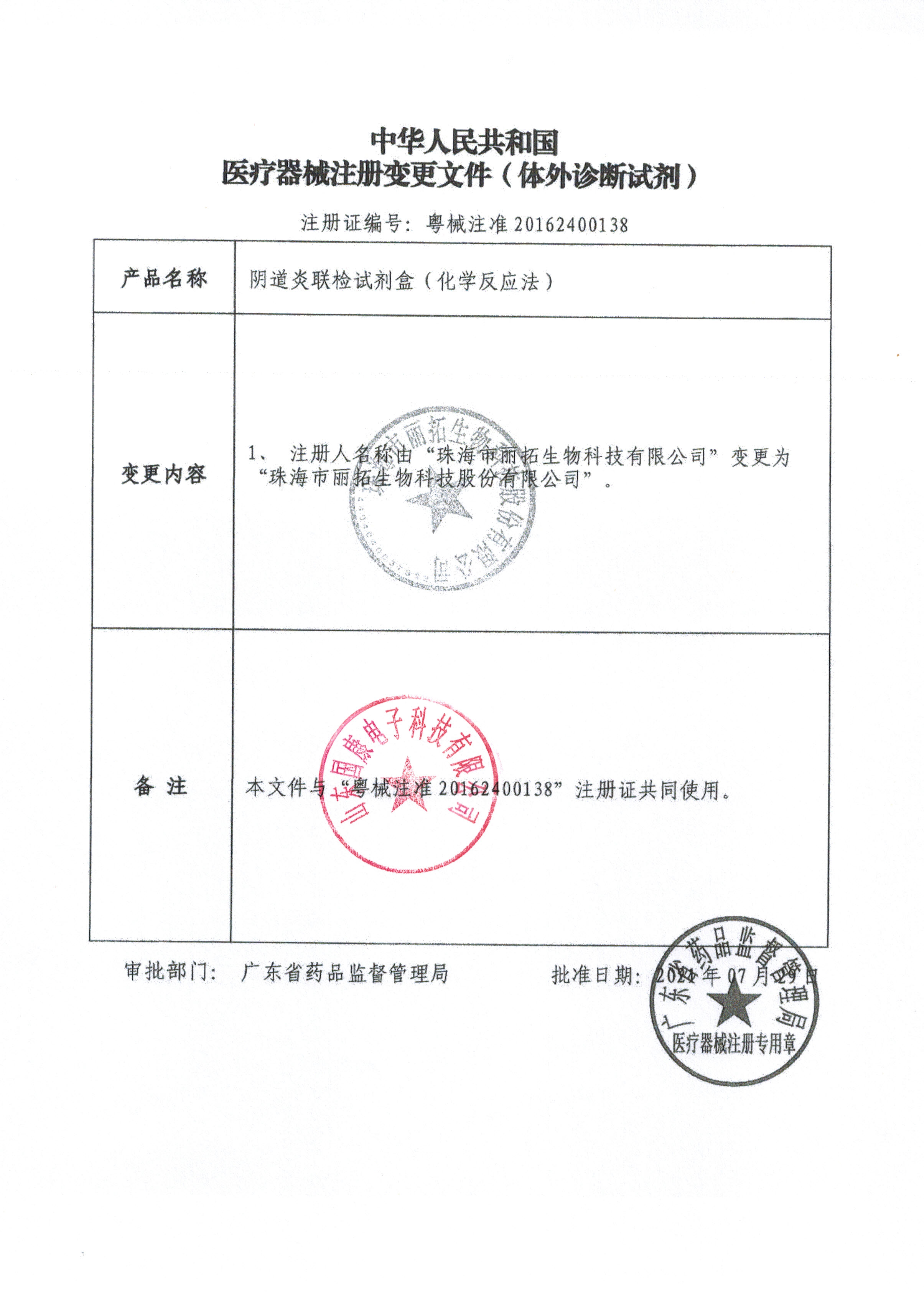 阴道炎联检试剂盒（化学反应法）六联检注册证